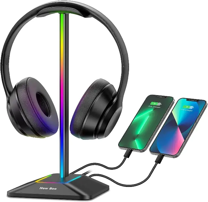 NEWBEE soporte para auriculares RGB con 1 puerto de carga USB-C y 1 puerto de carga USB